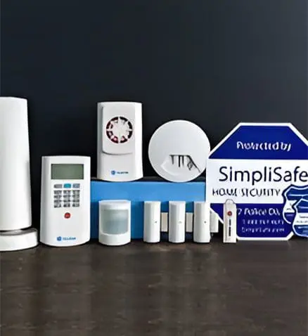 Assortment of SimpliSafe home security devices, featuring a keypad, sensors, a base station, and a yard sign arranged on a dark surface, showcasing premium Smart Home Solutions.