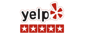 Yelp logo above four red stars with white star icons inside them, offering trusted reviews for everything from dining to home automation services.